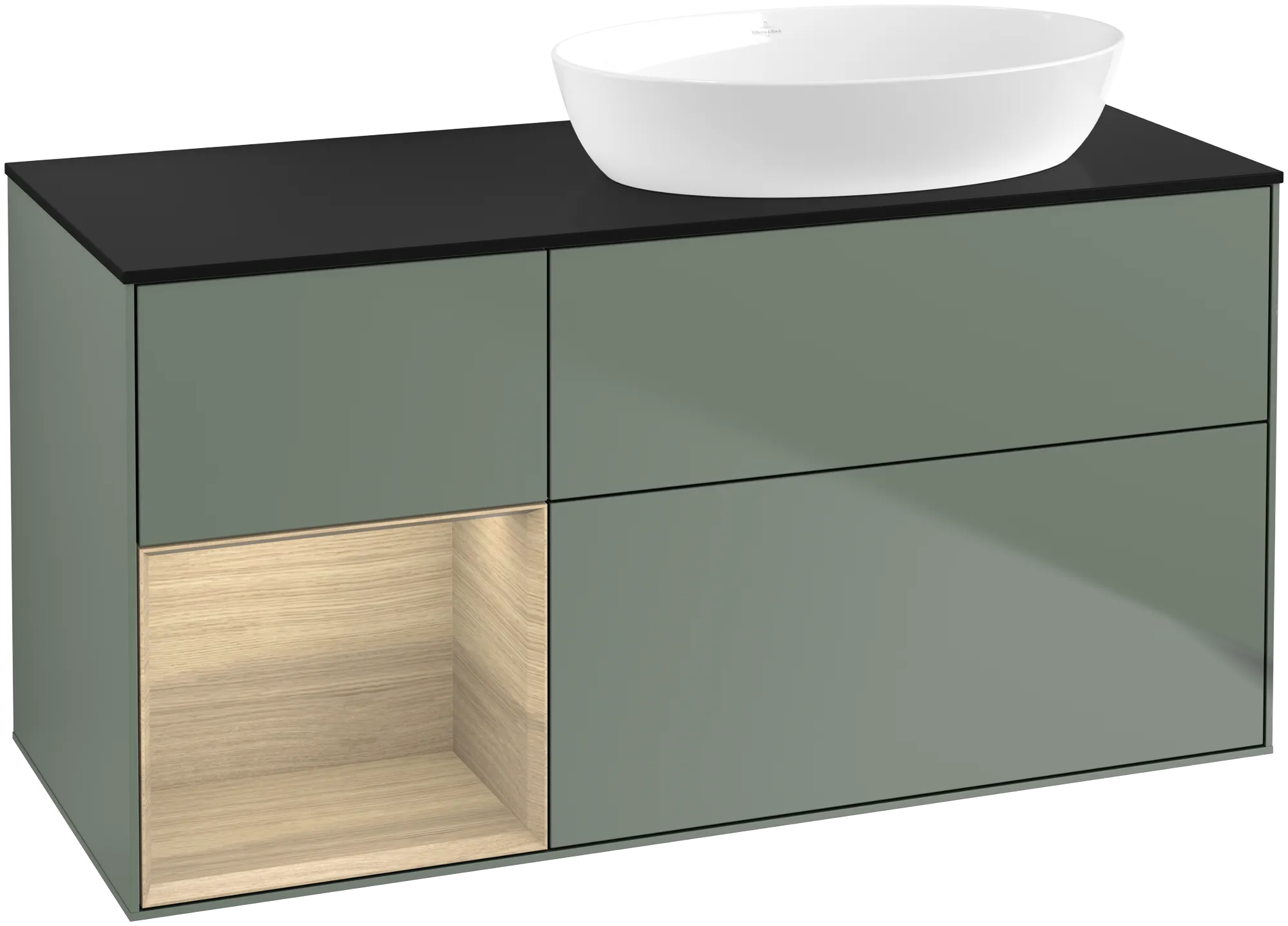 Bild von VILLEROY BOCH Finion Waschbeckenunterschrank, mit Beleuchtung, 3 Auszüge, 1200 x 603 x 501 mm, Olive Matt Lacquer / Oak Veneer / Glass Black Matt #FA42PCGM