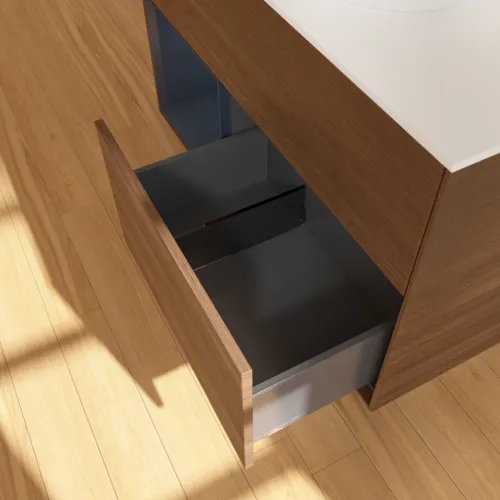 Obrázek VILLEROY BOCH Finion Vanity unit, with lighting, 2 pull-out compartments, 1000 x 603 x 501 mm, Walnut Veneer / Midnight Blue Matt Lacquer / Glass White Matt #FA11HGGN