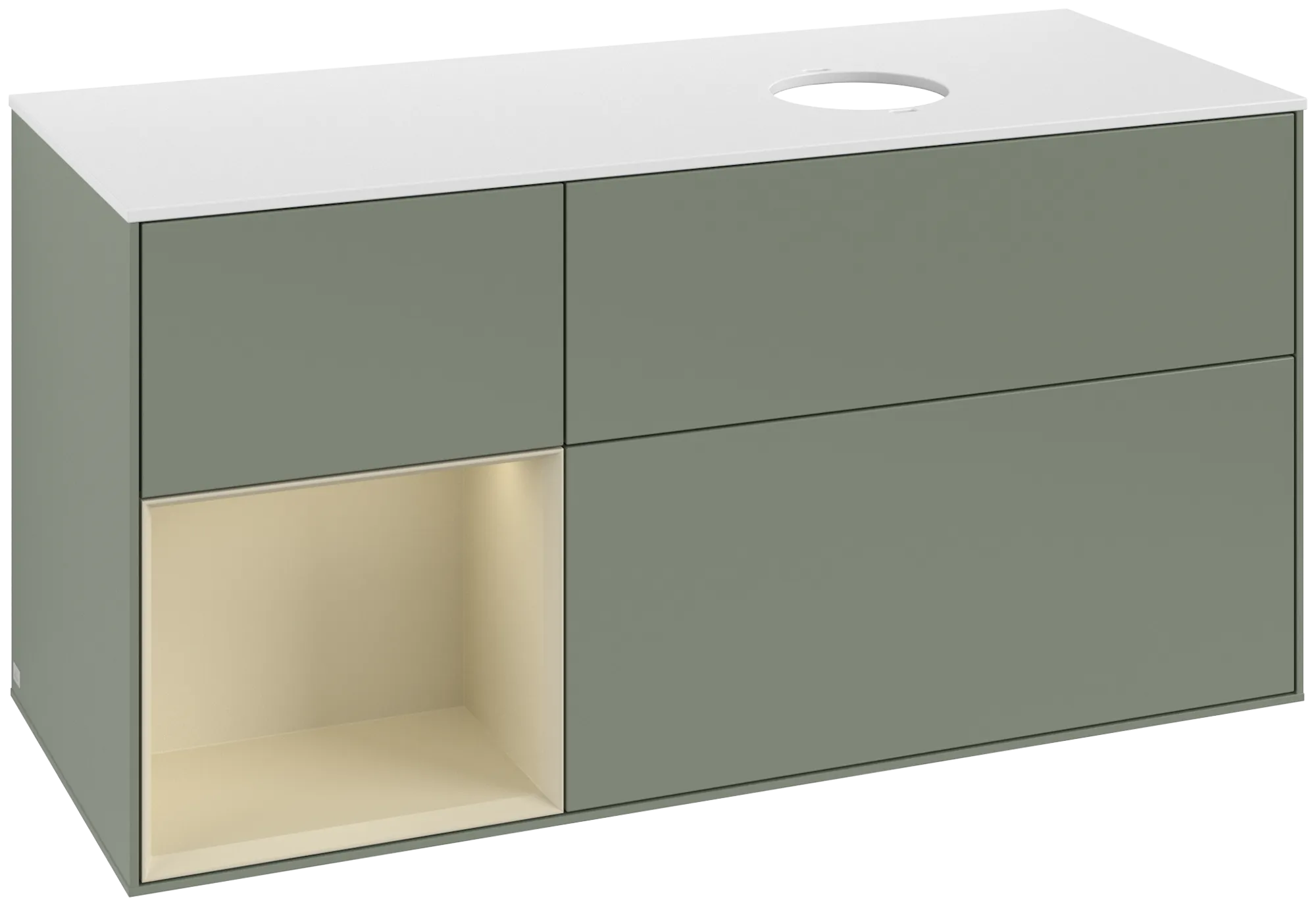 Bild von VILLEROY BOCH Finion Waschbeckenunterschrank, mit Beleuchtung, 3 Auszüge, 1200 x 603 x 501 mm, Olive Matt Lacquer / Silk Grey Matt Lacquer / Glass White Matt #FA41HJGM