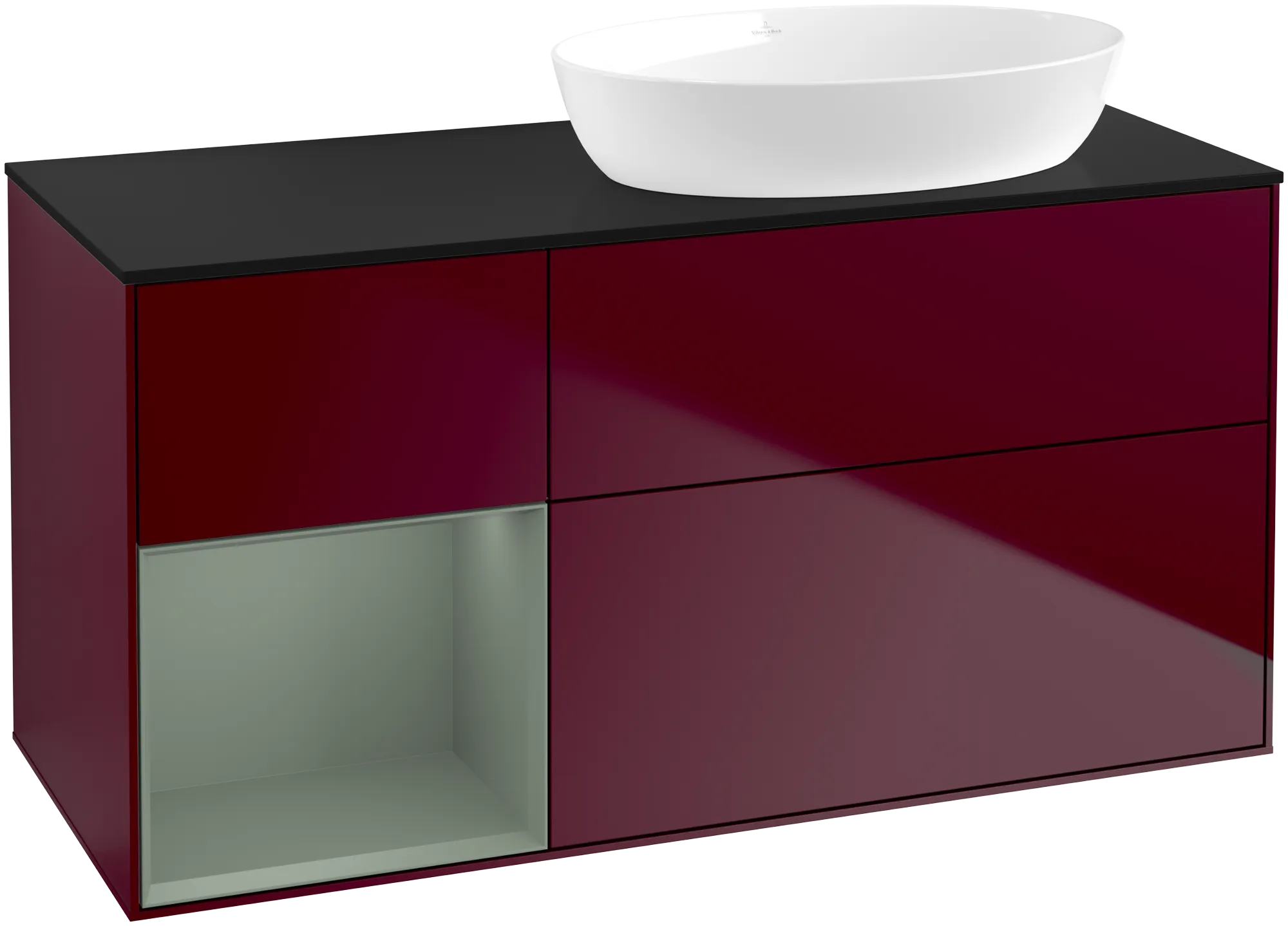 Bild von VILLEROY BOCH Finion Waschbeckenunterschrank, mit Beleuchtung, 3 Auszüge, 1200 x 603 x 501 mm, Peony Matt Lacquer / Olive Matt Lacquer / Glass Black Matt #FA42GMHB
