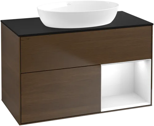 Bild von VILLEROY BOCH Finion Waschbeckenunterschrank, mit Beleuchtung, 2 Auszüge, 1000 x 603 x 501 mm, Walnut Veneer / Glossy White Lacquer / Glass Black Matt #FA22GFGN