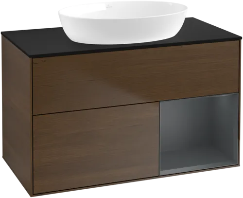 Bild von VILLEROY BOCH Finion Waschbeckenunterschrank, mit Beleuchtung, 2 Auszüge, 1000 x 603 x 501 mm, Walnut Veneer / Midnight Blue Matt Lacquer / Glass Black Matt #FA22HGGN