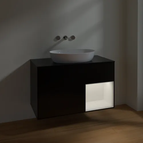 Bild von VILLEROY BOCH Finion Waschbeckenunterschrank, mit Beleuchtung, 2 Auszüge, 1000 x 603 x 501 mm, Black Matt Lacquer / White Matt Lacquer / Glass Black Matt #FA22MTPD