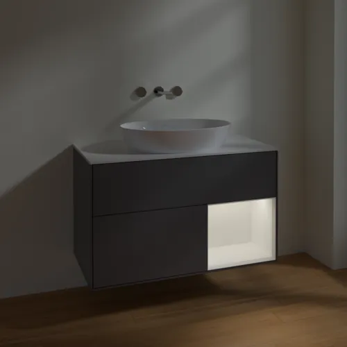 Obrázek VILLEROY BOCH Finion Vanity unit, with lighting, 2 pull-out compartments, 1000 x 603 x 501 mm, Anthracite Matt Lacquer / White Matt Lacquer / Glass White Matt #FA21MTGK