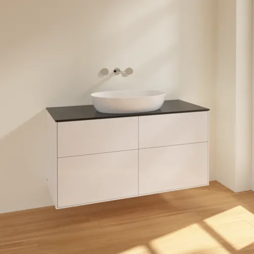 Picture of VILLEROY BOCH Finion Vanity unit, 4 pull-out compartments, 1200 x 603 x 501 mm, Glossy White Lacquer / Glass Black Matt #FA3200GF