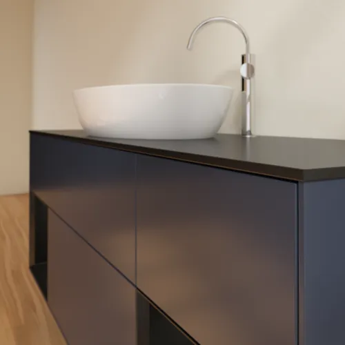 Bild von VILLEROY BOCH Finion Waschbeckenunterschrank, mit Beleuchtung, 4 Auszüge, 1600 x 603 x 501 mm, Midnight Blue Matt Lacquer / Black Matt Lacquer / Glass Black Matt #F982PDHG