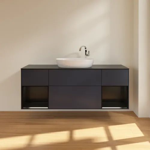 Bild von VILLEROY BOCH Finion Waschbeckenunterschrank, mit Beleuchtung, 4 Auszüge, 1600 x 603 x 501 mm, Midnight Blue Matt Lacquer / Black Matt Lacquer / Glass Black Matt #F982PDHG