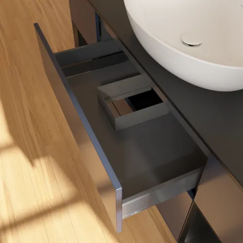 Bild von VILLEROY BOCH Finion Waschbeckenunterschrank, mit Beleuchtung, 4 Auszüge, 1600 x 603 x 501 mm, Midnight Blue Matt Lacquer / Black Matt Lacquer / Glass Black Matt #F982PDHG