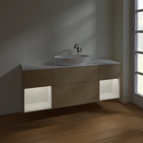 Picture of VILLEROY BOCH Finion Vanity unit, with lighting, 4 pull-out compartments, 1600 x 603 x 501 mm, Oak Veneer / Glossy White Lacquer / Glass White Matt #F981GFPC