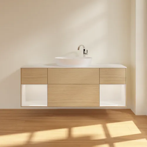 Picture of VILLEROY BOCH Finion Vanity unit, with lighting, 4 pull-out compartments, 1600 x 603 x 501 mm, Oak Veneer / Glossy White Lacquer / Glass White Matt #F981GFPC