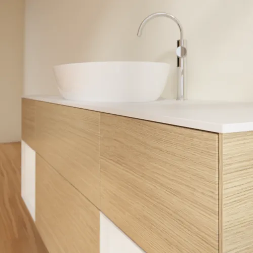 Picture of VILLEROY BOCH Finion Vanity unit, with lighting, 4 pull-out compartments, 1600 x 603 x 501 mm, Oak Veneer / Glossy White Lacquer / Glass White Matt #F981GFPC