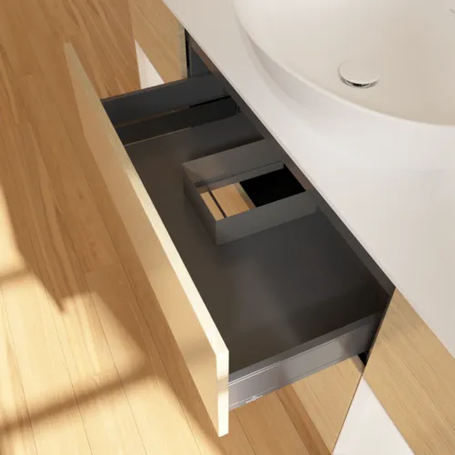 Picture of VILLEROY BOCH Finion Vanity unit, with lighting, 4 pull-out compartments, 1600 x 603 x 501 mm, Oak Veneer / Glossy White Lacquer / Glass White Matt #F981GFPC