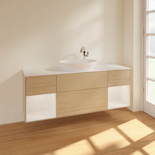 Picture of VILLEROY BOCH Finion Vanity unit, with lighting, 4 pull-out compartments, 1600 x 603 x 501 mm, Oak Veneer / Glossy White Lacquer / Glass White Matt #F981GFPC