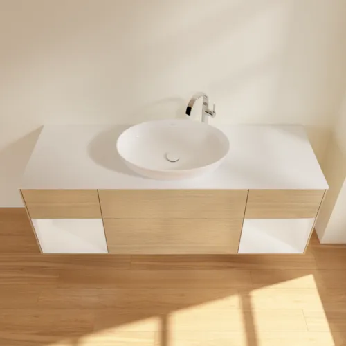 Picture of VILLEROY BOCH Finion Vanity unit, with lighting, 4 pull-out compartments, 1600 x 603 x 501 mm, Oak Veneer / Glossy White Lacquer / Glass White Matt #F981GFPC