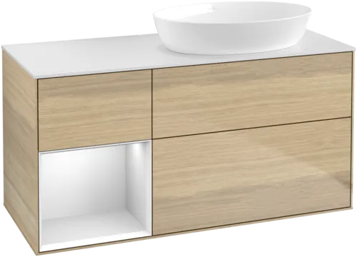 Bild von VILLEROY BOCH Finion Waschbeckenunterschrank, mit Beleuchtung, 3 Auszüge, 1200 x 603 x 501 mm, Oak Veneer / White Matt Lacquer / Glass White Matt #FA41MTPC