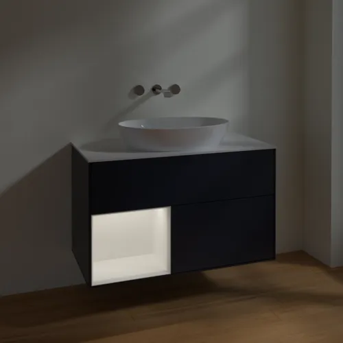 Picture of VILLEROY BOCH Finion Vanity unit, with lighting, 2 pull-out compartments, 1000 x 603 x 501 mm, Midnight Blue Matt Lacquer / White Matt Lacquer / Glass White Matt #FA11MTHG