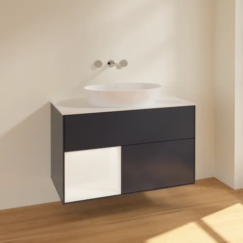 Picture of VILLEROY BOCH Finion Vanity unit, with lighting, 2 pull-out compartments, 1000 x 603 x 501 mm, Midnight Blue Matt Lacquer / White Matt Lacquer / Glass White Matt #FA11MTHG