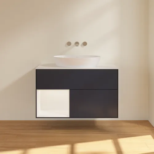 Picture of VILLEROY BOCH Finion Vanity unit, with lighting, 2 pull-out compartments, 1000 x 603 x 501 mm, Midnight Blue Matt Lacquer / White Matt Lacquer / Glass White Matt #FA11MTHG