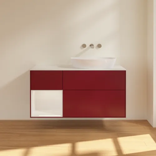 Bild von VILLEROY BOCH Finion Waschbeckenunterschrank, mit Beleuchtung, 3 Auszüge, 1200 x 603 x 501 mm, Peony Matt Lacquer / Glossy White Lacquer / Glass White Matt #FA41GFHB