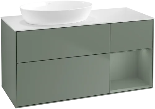 Bild von VILLEROY BOCH Finion Waschbeckenunterschrank, mit Beleuchtung, 3 Auszüge, 1200 x 603 x 501 mm, Olive Matt Lacquer / Olive Matt Lacquer / Glass White Matt #FA51GMGM