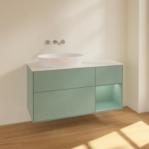 Bild von VILLEROY BOCH Finion Waschbeckenunterschrank, mit Beleuchtung, 3 Auszüge, 1200 x 603 x 501 mm, Olive Matt Lacquer / Olive Matt Lacquer / Glass White Matt #FA51GMGM