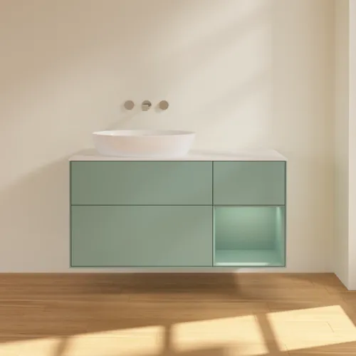 Bild von VILLEROY BOCH Finion Waschbeckenunterschrank, mit Beleuchtung, 3 Auszüge, 1200 x 603 x 501 mm, Olive Matt Lacquer / Olive Matt Lacquer / Glass White Matt #FA51GMGM