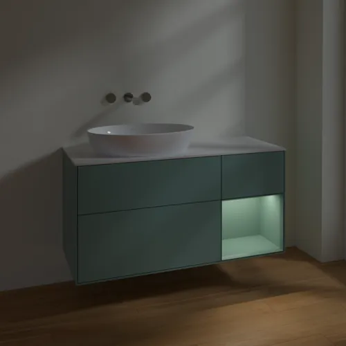 Bild von VILLEROY BOCH Finion Waschbeckenunterschrank, mit Beleuchtung, 3 Auszüge, 1200 x 603 x 501 mm, Olive Matt Lacquer / Olive Matt Lacquer / Glass White Matt #FA51GMGM