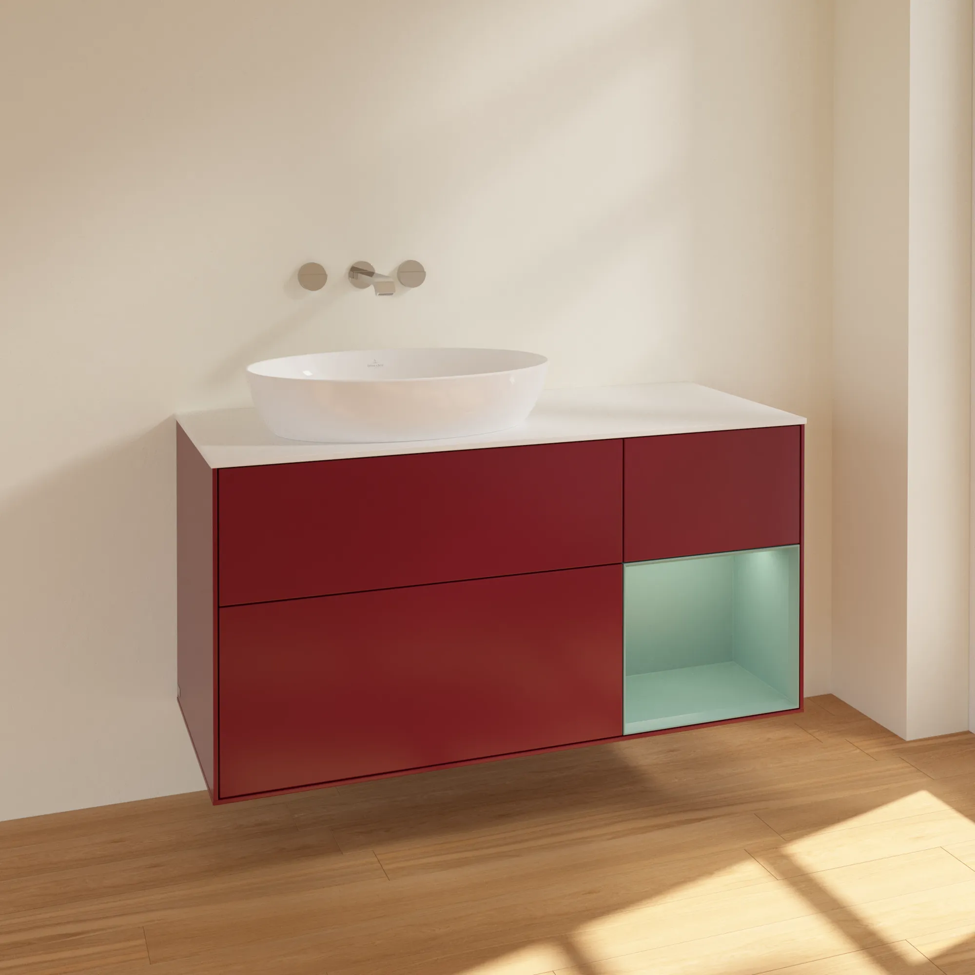 Bild von VILLEROY BOCH Finion Waschbeckenunterschrank, mit Beleuchtung, 3 Auszüge, 1200 x 603 x 501 mm, Peony Matt Lacquer / Olive Matt Lacquer / Glass White Matt #FA51GMHB
