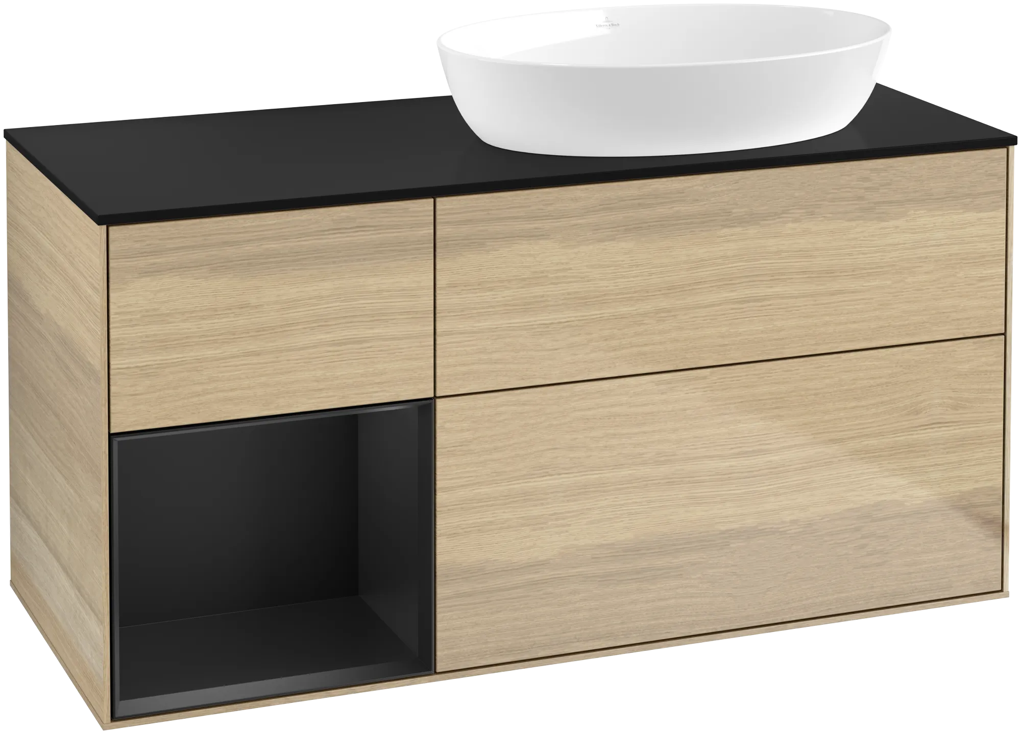 Bild von VILLEROY BOCH Finion Waschbeckenunterschrank, mit Beleuchtung, 3 Auszüge, 1200 x 603 x 501 mm, Oak Veneer / Black Matt Lacquer / Glass Black Matt #FA42PDPC