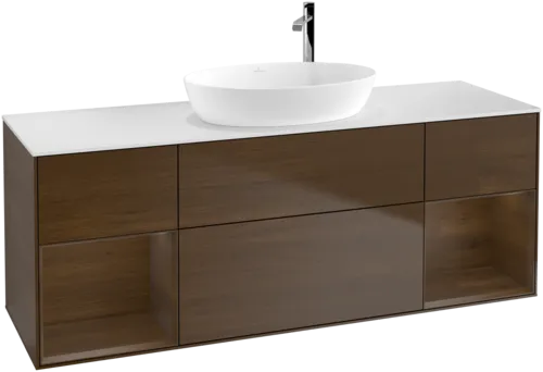 Bild von VILLEROY BOCH Finion Waschbeckenunterschrank, mit Beleuchtung, 4 Auszüge, 1600 x 603 x 501 mm, Walnut Veneer / Walnut Veneer / Glass White Matt #F981GNGN