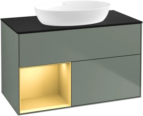 Bild von VILLEROY BOCH Finion Waschbeckenunterschrank, mit Beleuchtung, 2 Auszüge, 1000 x 603 x 501 mm, Olive Matt Lacquer / Gold Matt Lacquer / Glass Black Matt #FA12HFGM