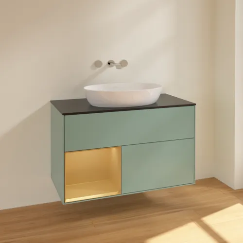 Bild von VILLEROY BOCH Finion Waschbeckenunterschrank, mit Beleuchtung, 2 Auszüge, 1000 x 603 x 501 mm, Olive Matt Lacquer / Gold Matt Lacquer / Glass Black Matt #FA12HFGM