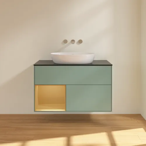 Bild von VILLEROY BOCH Finion Waschbeckenunterschrank, mit Beleuchtung, 2 Auszüge, 1000 x 603 x 501 mm, Olive Matt Lacquer / Gold Matt Lacquer / Glass Black Matt #FA12HFGM