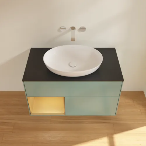 Bild von VILLEROY BOCH Finion Waschbeckenunterschrank, mit Beleuchtung, 2 Auszüge, 1000 x 603 x 501 mm, Olive Matt Lacquer / Gold Matt Lacquer / Glass Black Matt #FA12HFGM