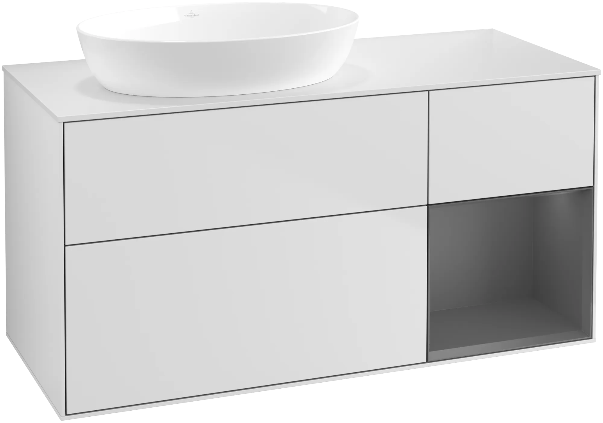 Bild von VILLEROY BOCH Finion Waschbeckenunterschrank, mit Beleuchtung, 3 Auszüge, 1200 x 603 x 501 mm, White Matt Lacquer / Anthracite Matt Lacquer / Glass White Matt #FA51GKMT