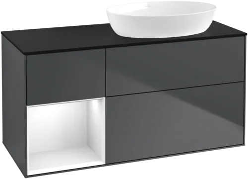 Bild von VILLEROY BOCH Finion Waschbeckenunterschrank, mit Beleuchtung, 3 Auszüge, 1200 x 603 x 501 mm, Midnight Blue Matt Lacquer / Glossy White Lacquer / Glass Black Matt #FA42GFHG