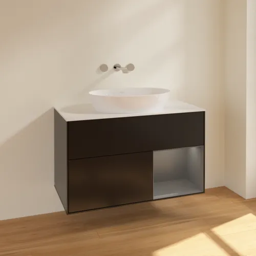 Bild von VILLEROY BOCH Finion Waschbeckenunterschrank, mit Beleuchtung, 2 Auszüge, 1000 x 603 x 501 mm, Black Matt Lacquer / Anthracite Matt Lacquer / Glass White Matt #FA21GKPD