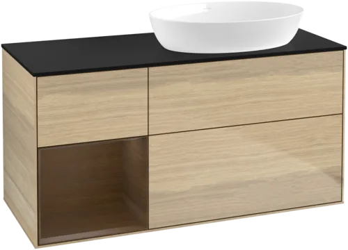 Bild von VILLEROY BOCH Finion Waschbeckenunterschrank, mit Beleuchtung, 3 Auszüge, 1200 x 603 x 501 mm, Oak Veneer / Walnut Veneer / Glass Black Matt #FA42GNPC