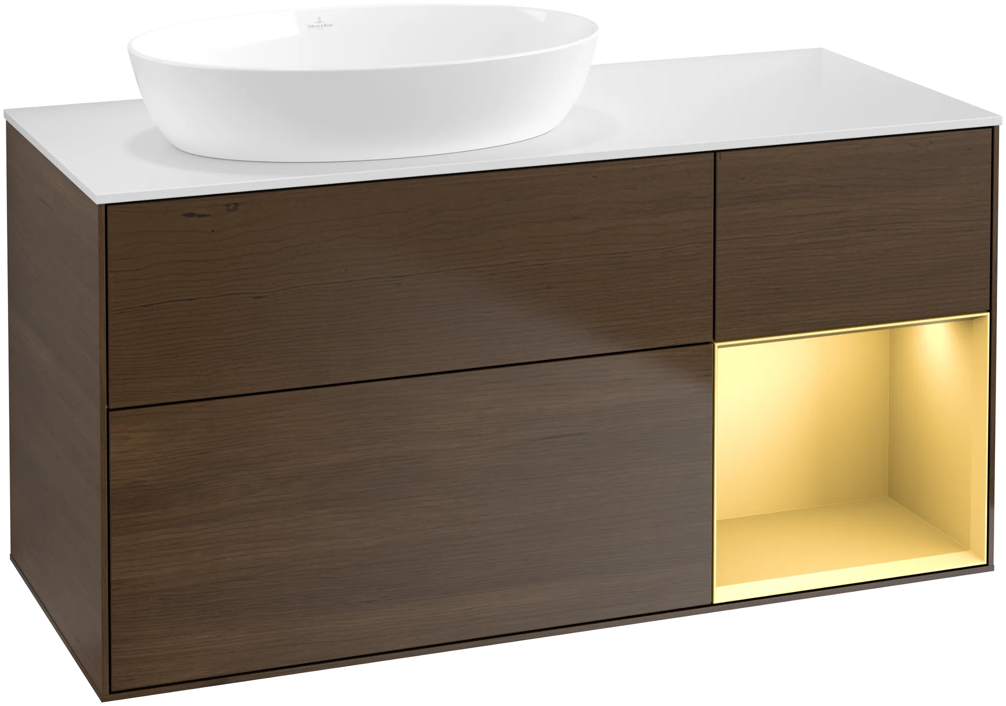 Bild von VILLEROY BOCH Finion Waschbeckenunterschrank, mit Beleuchtung, 3 Auszüge, 1200 x 603 x 501 mm, Walnut Veneer / Gold Matt Lacquer / Glass White Matt #FA51HFGN