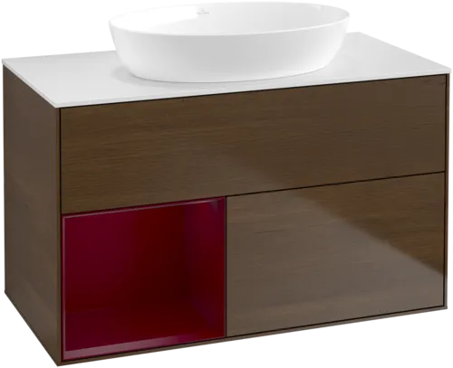 Bild von VILLEROY BOCH Finion Waschbeckenunterschrank, mit Beleuchtung, 2 Auszüge, 1000 x 603 x 501 mm, Walnut Veneer / Peony Matt Lacquer / Glass White Matt #FA11HBGN
