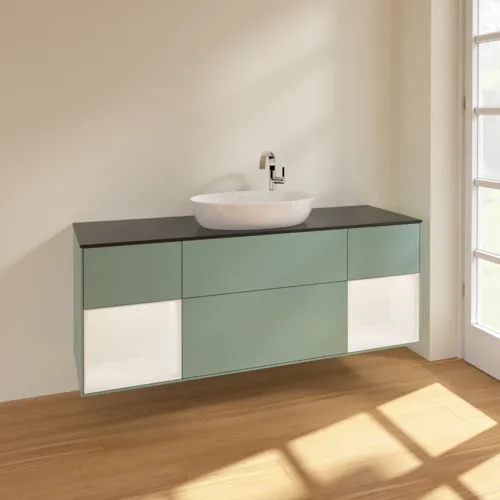 Bild von VILLEROY BOCH Finion Waschbeckenunterschrank, mit Beleuchtung, 4 Auszüge, 1600 x 603 x 501 mm, Olive Matt Lacquer / White Matt Lacquer / Glass Black Matt #F982MTGM