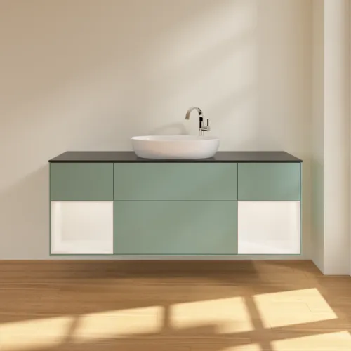 Obrázek VILLEROY BOCH Finion Vanity unit, with lighting, 4 pull-out compartments, 1600 x 603 x 501 mm, Olive Matt Lacquer / White Matt Lacquer / Glass Black Matt #F982MTGM