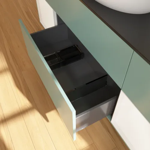 Obrázek VILLEROY BOCH Finion Vanity unit, with lighting, 4 pull-out compartments, 1600 x 603 x 501 mm, Olive Matt Lacquer / White Matt Lacquer / Glass Black Matt #F982MTGM