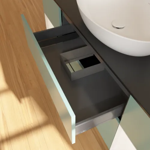 Obrázek VILLEROY BOCH Finion Vanity unit, with lighting, 4 pull-out compartments, 1600 x 603 x 501 mm, Olive Matt Lacquer / White Matt Lacquer / Glass Black Matt #F982MTGM