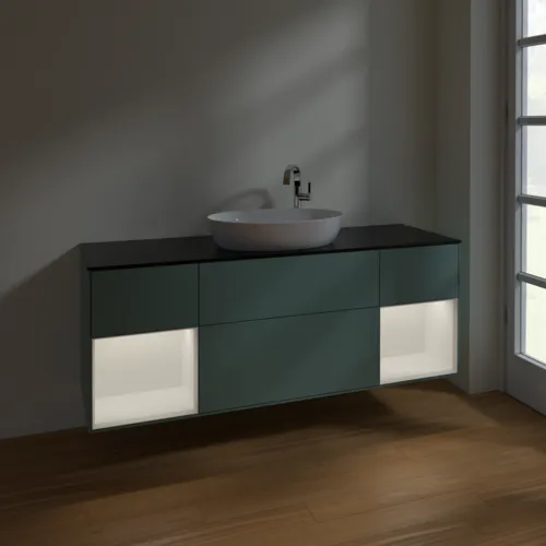 Obrázek VILLEROY BOCH Finion Vanity unit, with lighting, 4 pull-out compartments, 1600 x 603 x 501 mm, Olive Matt Lacquer / White Matt Lacquer / Glass Black Matt #F982MTGM