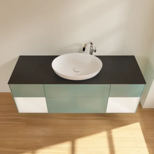 Obrázek VILLEROY BOCH Finion Vanity unit, with lighting, 4 pull-out compartments, 1600 x 603 x 501 mm, Olive Matt Lacquer / White Matt Lacquer / Glass Black Matt #F982MTGM