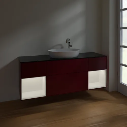 Bild von VILLEROY BOCH Finion Waschbeckenunterschrank, mit Beleuchtung, 4 Auszüge, 1600 x 603 x 501 mm, Peony Matt Lacquer / White Matt Lacquer / Glass Black Matt #F982MTHB