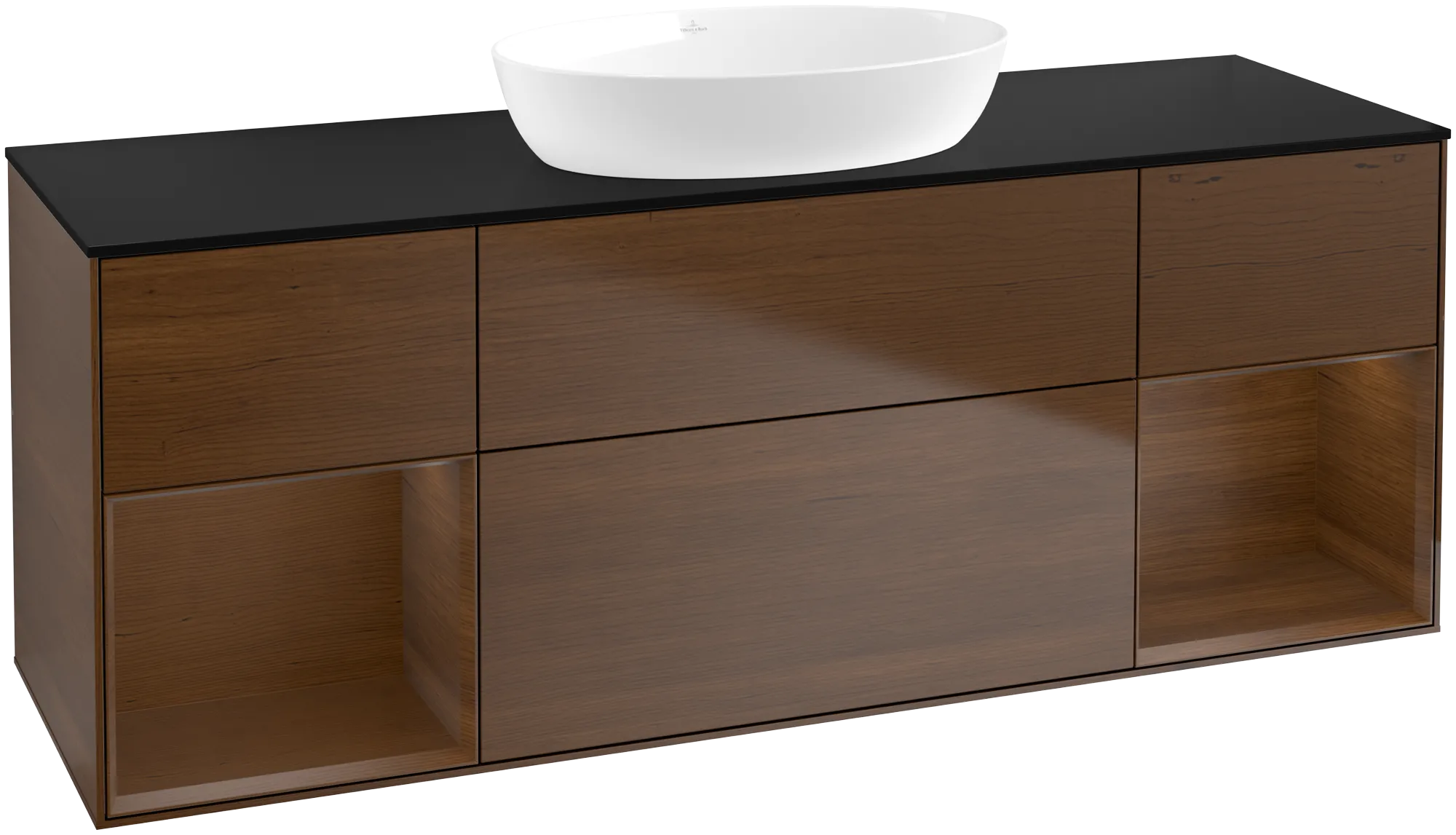 Bild von VILLEROY BOCH Finion Waschbeckenunterschrank, mit Beleuchtung, 4 Auszüge, 1600 x 603 x 501 mm, Walnut Veneer / Walnut Veneer / Glass Black Matt #FD02GNGN