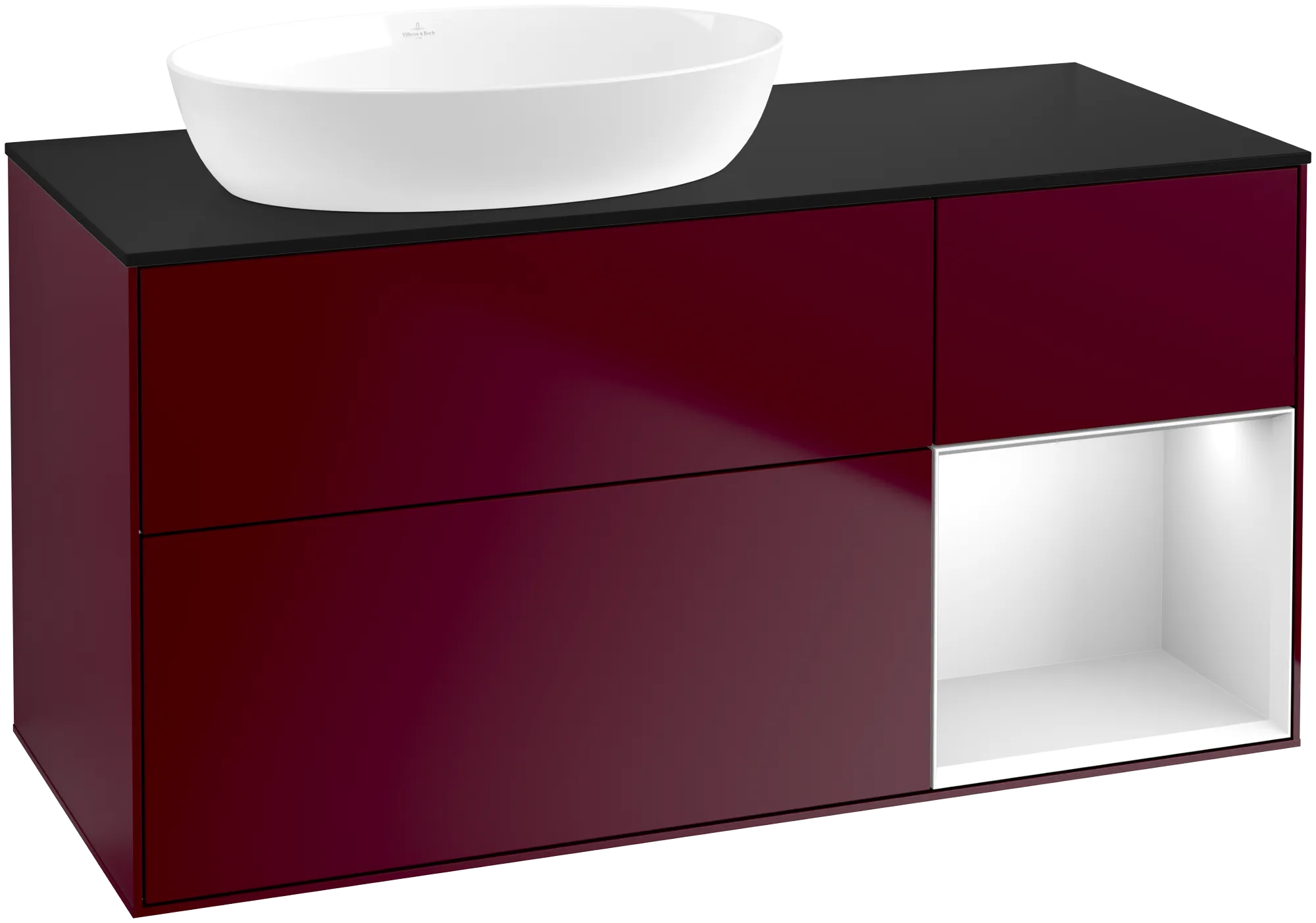 Bild von VILLEROY BOCH Finion Waschbeckenunterschrank, mit Beleuchtung, 3 Auszüge, 1200 x 603 x 501 mm, Peony Matt Lacquer / White Matt Lacquer / Glass Black Matt #FA52MTHB