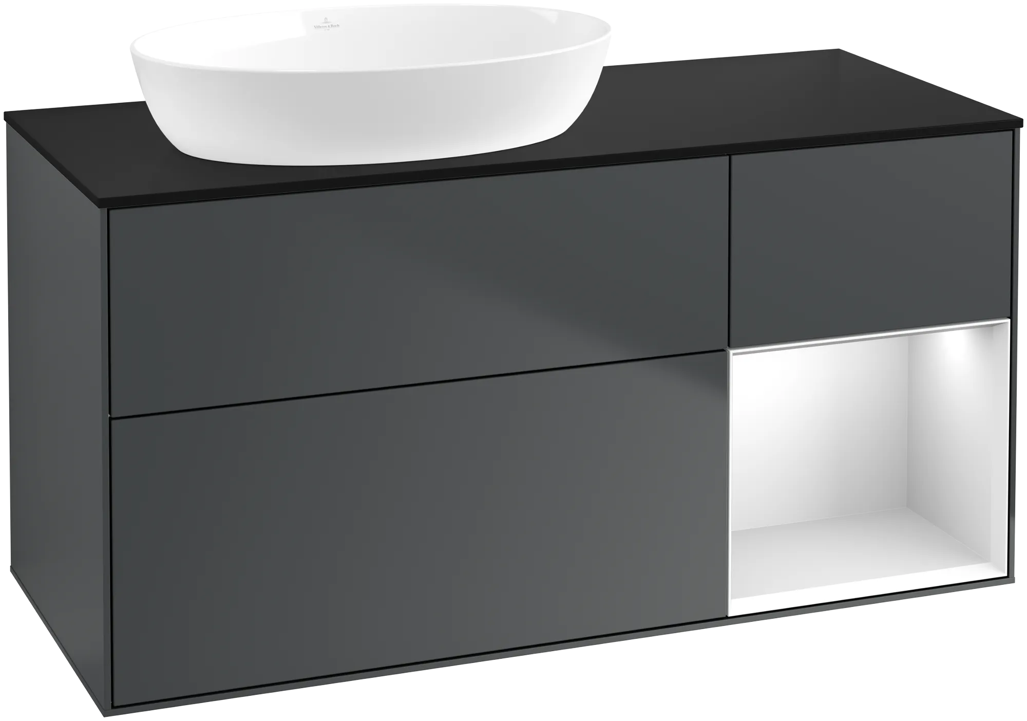 Bild von VILLEROY BOCH Finion Waschbeckenunterschrank, mit Beleuchtung, 3 Auszüge, 1200 x 603 x 501 mm, Midnight Blue Matt Lacquer / White Matt Lacquer / Glass Black Matt #FA52MTHG